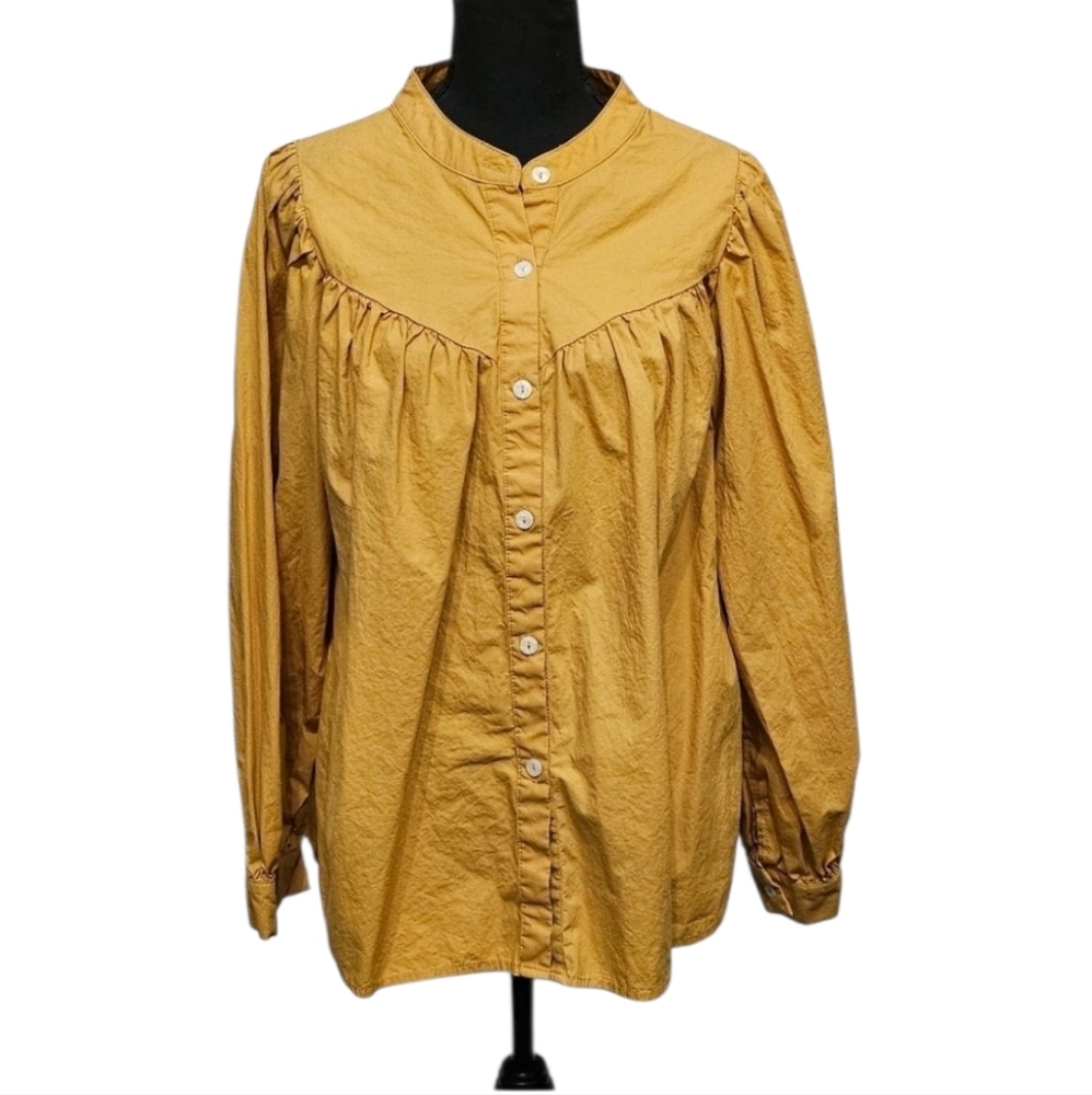 Oversized Gathered Yoke Line Mustard Button Up Blouse 100% Cotton Size Lg